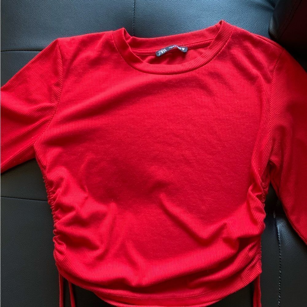 ZARA RED RUCHED RIBBED TOP - Picture 8 of 13